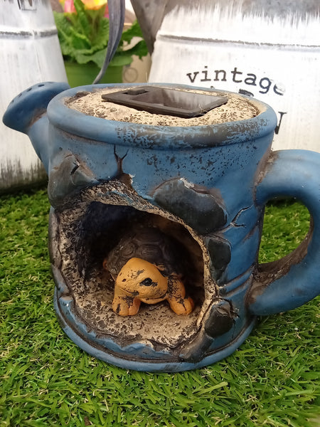Cement Solar Watering Can with Tortoise (Blue) 19cm